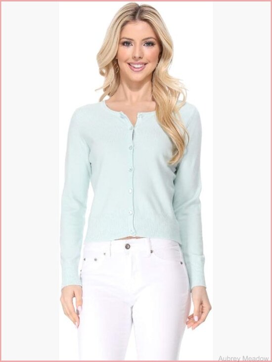 Sweaters - Cropped Cardigan Sweater Long Sleeve Crewneck Button Down Knit Lightweight Top